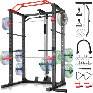 OPPSDECOR Power Cage, Multi-Function Power Rack with Adjustable Cable Pulley System, Squat Rack with Pull-up Bar, J-Hooks, More Training Attachment for Home Gym