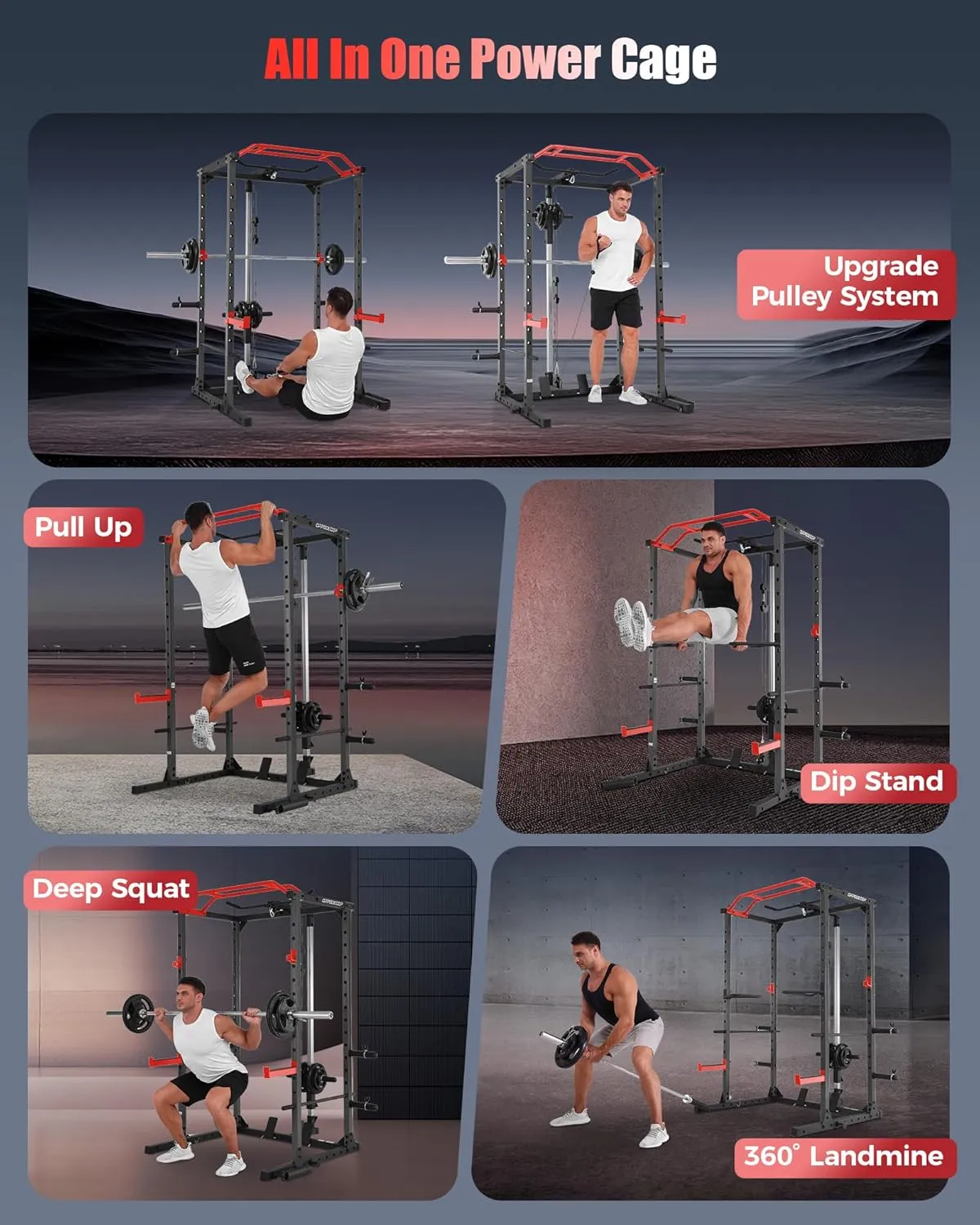OPPSDECOR Power Cage, Multi-Function Power Rack with Adjustable Cable Pulley System, Squat Rack with Pull-up Bar, J-Hooks, More Training Attachment for Home Gym