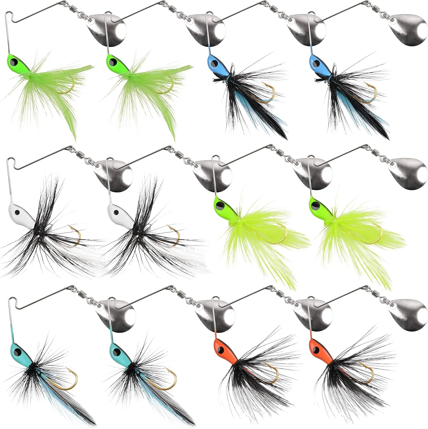 OROOTL Spinnerbait Bass Fishing Lures Kit, Mini Fishing Spinner Baits Rooster Fishing Lures with Colorado Blade Feather Tail Hard Metal Spinning Lures for Bass Trout Pike Freshwater Saltwater Fishing
