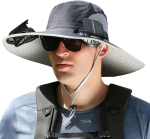 Outdoor Wide Brim Sun Hat with 2 Solar Fan Sun Bucket Hat for Men Women,Solar with Built in Fan UPF 50  Outdoor