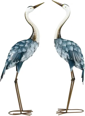 Outsunny Crane Garden Statues, 28.5" & 29" Standing Bird Sculptures, Metal Yard Art Decor for Lawn, Patio, Backyard, Landscape Decoration Set of 2, Blue & White