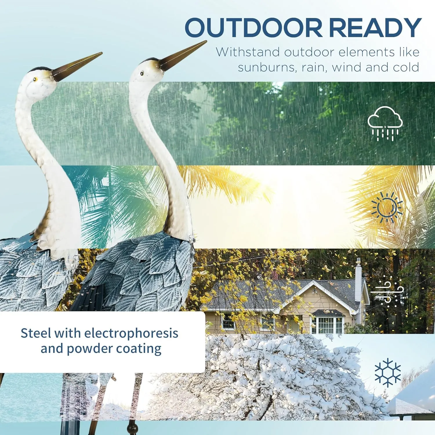 Outsunny Crane Garden Statues, 28.5" & 29" Standing Bird Sculptures, Metal Yard Art Decor for Lawn, Patio, Backyard, Landscape Decoration Set of 2, Blue & White