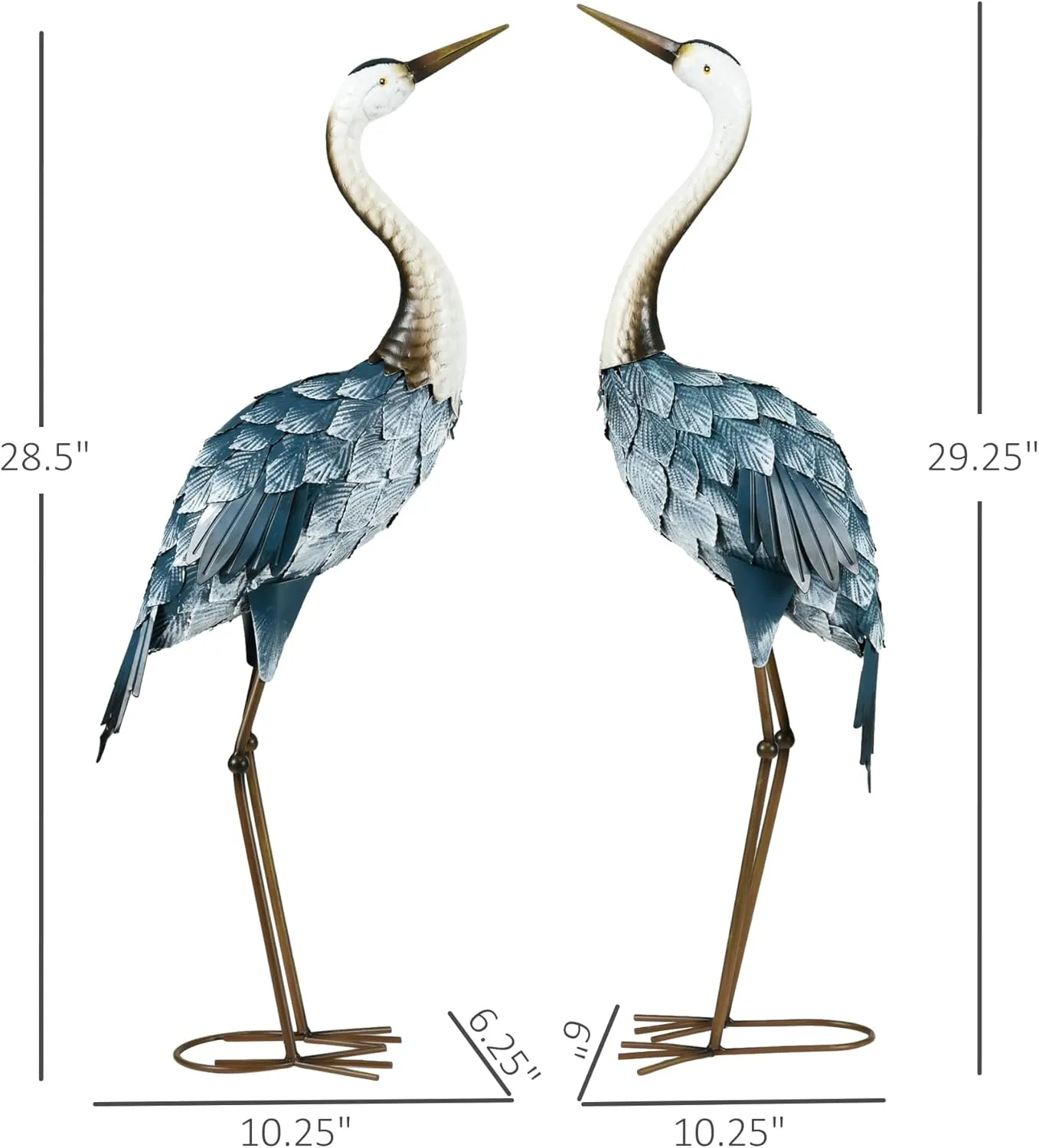 Outsunny Crane Garden Statues, 28.5" & 29" Standing Bird Sculptures, Metal Yard Art Decor for Lawn, Patio, Backyard, Landscape Decoration Set of 2, Blue & White