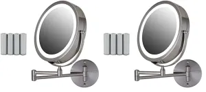 OVENTE 8.6" Lighted Wall Mount Makeup Mirror, 1X & 7X Magnifier, Adjustable Double Sided Round LED, Extend, Retractable & Folding Arm, Compact & Cordless, Battery Powered Nickel Brushed MFW85BR1X7X