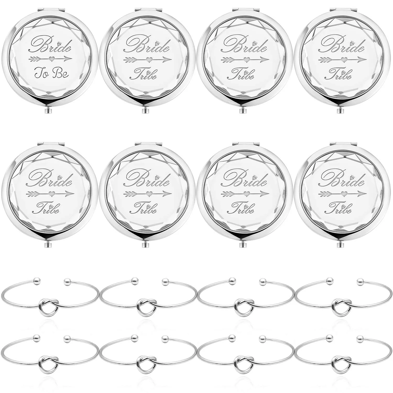 Pack of 8 Compact Pocket Makeup Mirrors Set Include 1 Bride to Be Mirror 7 Bride Tribe Mirrors and 8 Pack Bridesmaid Love Knot Bracelets for Bachelorette Party Bridesmaid Proposal Gifts (Silver)