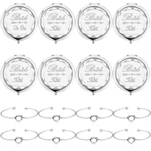 Pack of 8 Compact Pocket Makeup Mirrors Set Include 1 Bride to Be Mirror 7 Bride Tribe Mirrors and 8 Pack Bridesmaid Love Knot Bracelets for Bachelorette Party Bridesmaid Proposal Gifts (Silver)