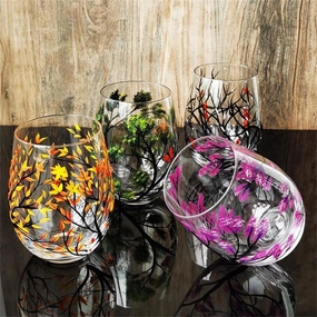 Pack of 4 Four Seasons Tree Wine Glasses Hand Painted Wine Glass with Stemmed Fall Leaves Flower Seasons Colored Wine Glasses for Home Office Decor Ornament Gifts