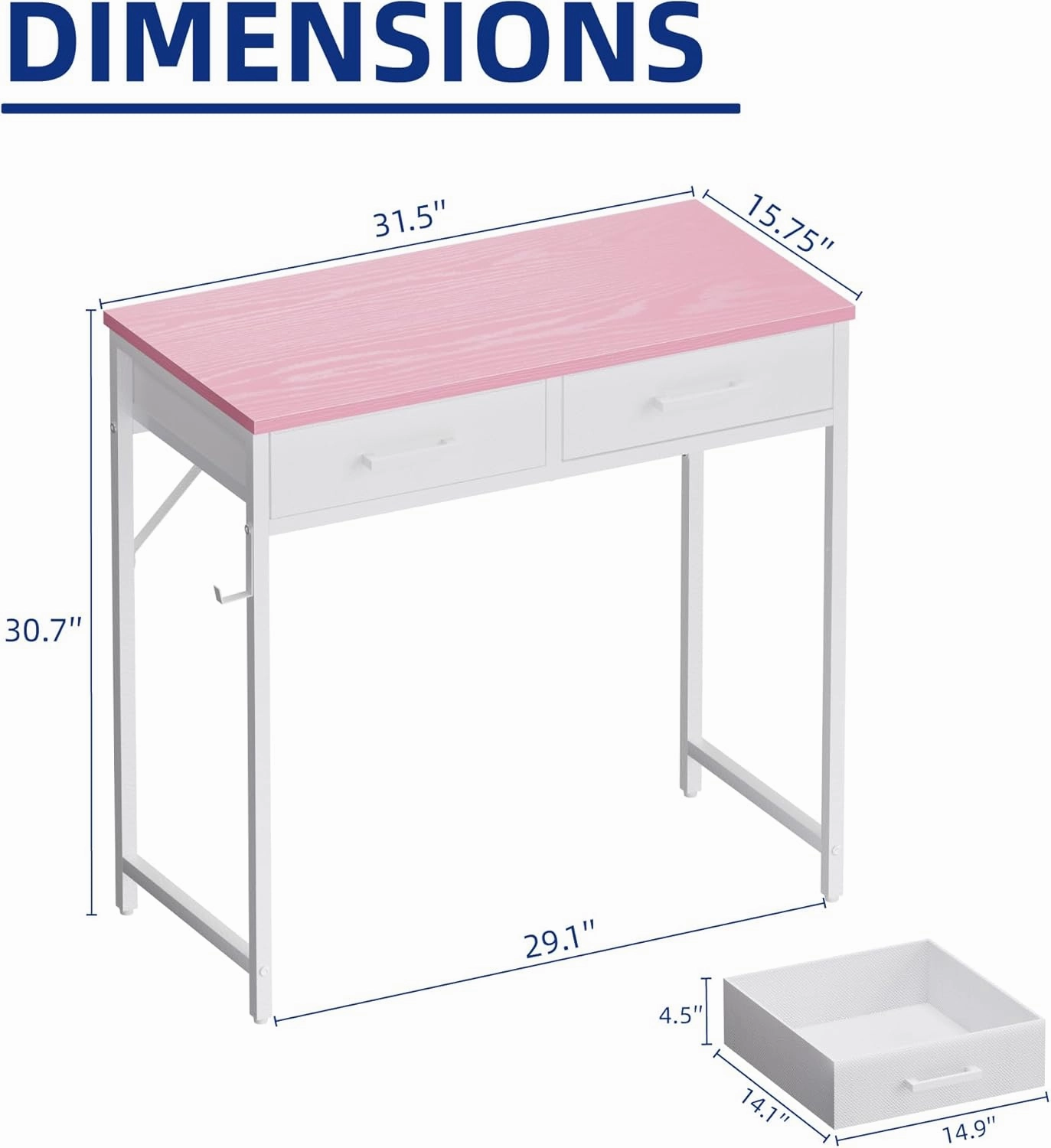 Pamray 32 Inch Small Computer Desk with 2 Drawers for Bedroom Study Writing Home Office Table for Small Spaces Pink