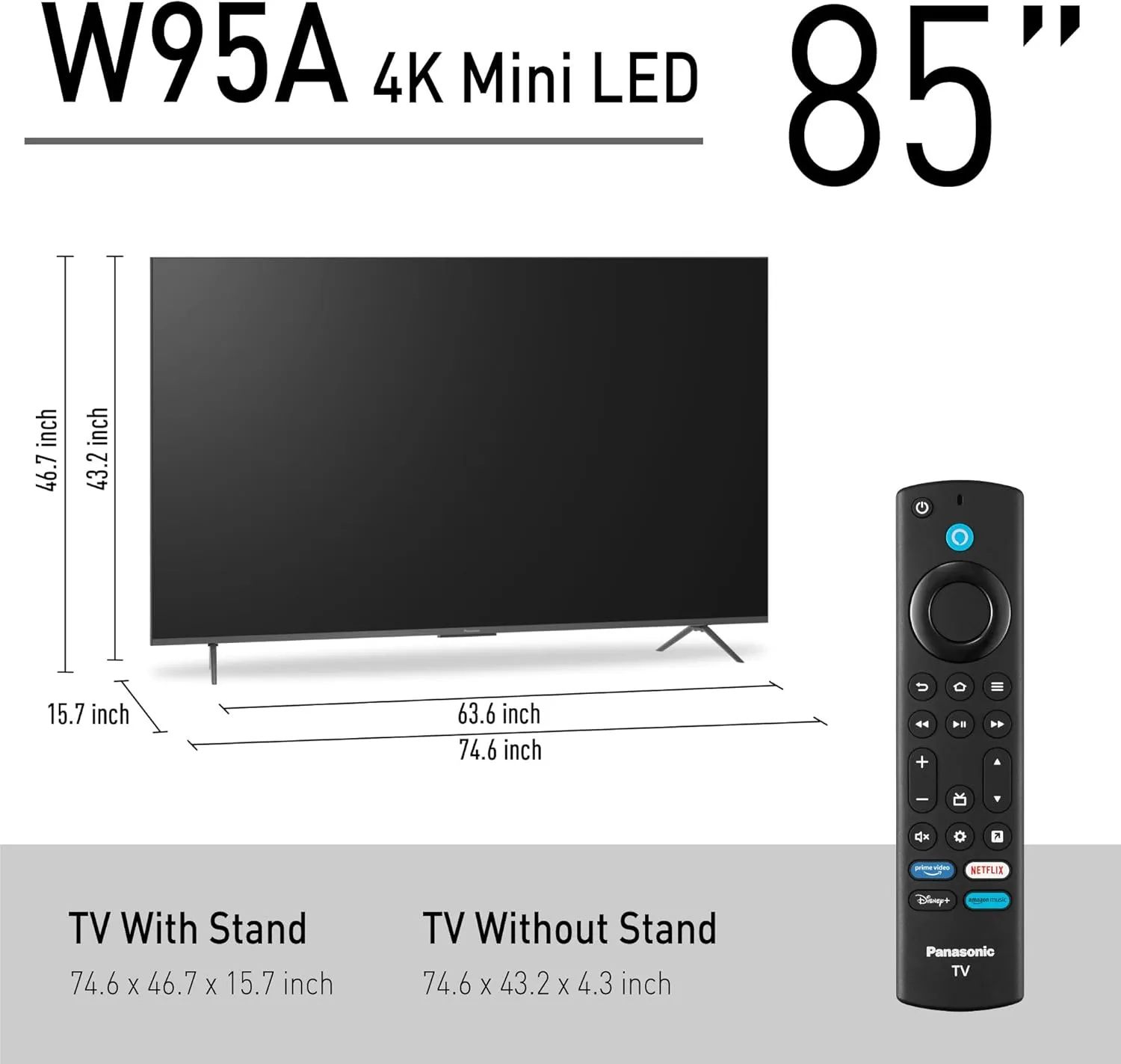 Panasonic W95 Series (2024 Model) 85-inch Mini LED 4K Ultra HD Smart Fire TV, Local Dimming, 144Hz Refresh Rate - 85W95AP