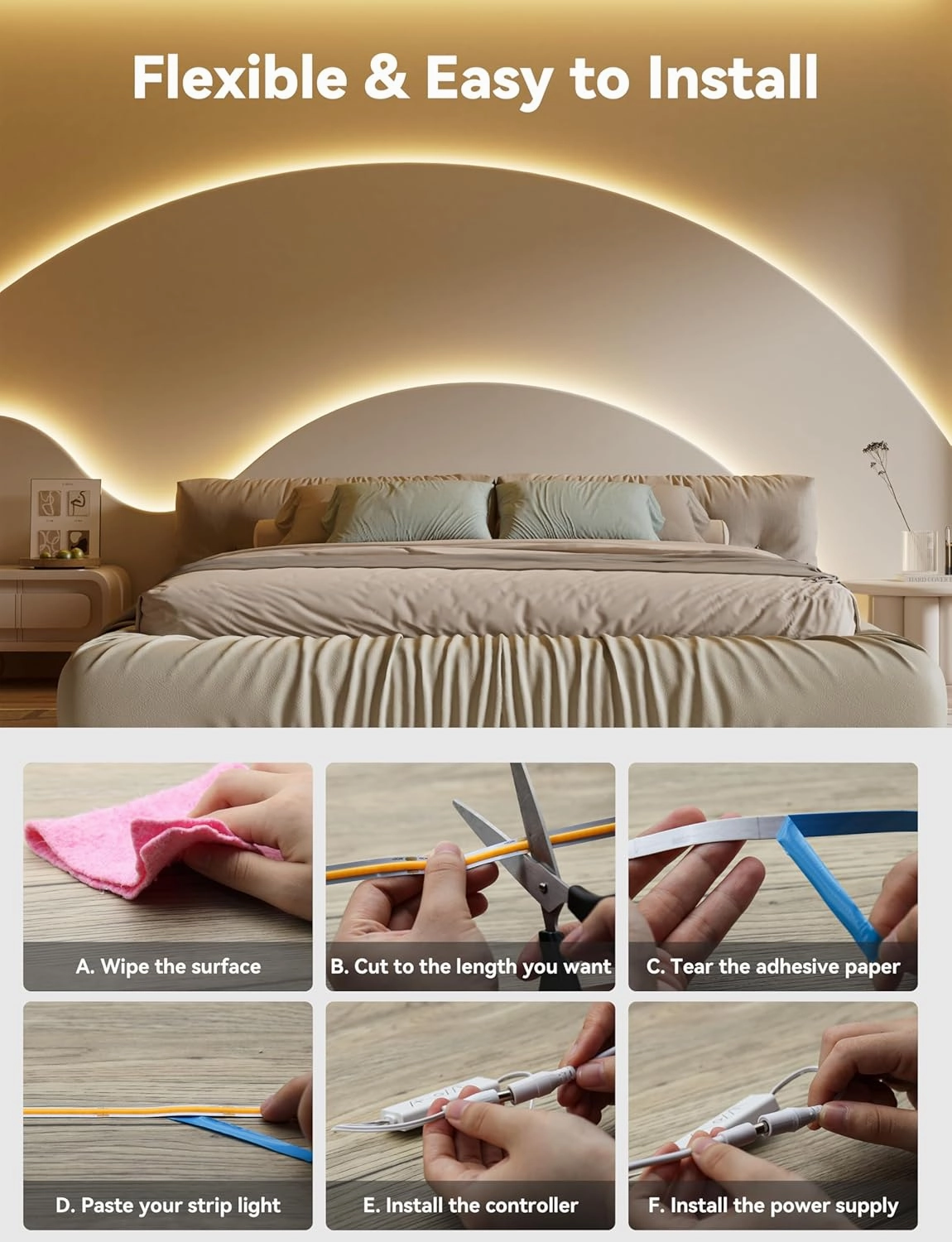 PAUTIX COB LED Strip Light 16.4ft,Engineering Level UL Listed Warm White 2700K,CRI93  Super Bright High Lumen,Dimmable 24V Flexible LED Tape Light with RF Remote,for Cabinets,Home&Office DIY Lighting