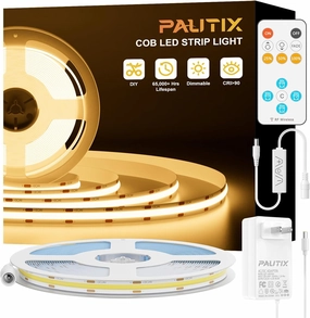 PAUTIX COB LED Strip Light 16.4ft,Engineering Level UL Listed Warm White 2700K,CRI93  Super Bright High Lumen,Dimmable 24V Flexible LED Tape Light with RF Remote,for Cabinets,Home&Office DIY Lighting