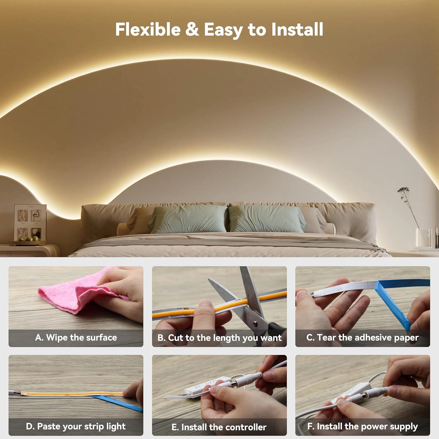 PAUTIX COB LED Strip Light 32.8ft,Engineering Level UL Listed Warm White 3000K,CRI93  Super Bright High Lumen,Dimmable 24V Flexible LED Tape Light with RF Remote,for Cabinets,Home&Office DIY Lighting