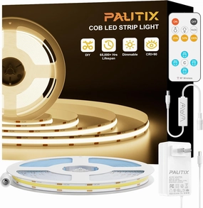PAUTIX COB LED Strip Light 32.8ft,Engineering Level UL Listed Warm White 3000K,CRI93  Super Bright High Lumen,Dimmable 24V Flexible LED Tape Light with RF Remote,for Cabinets,Home&Office DIY Lighting