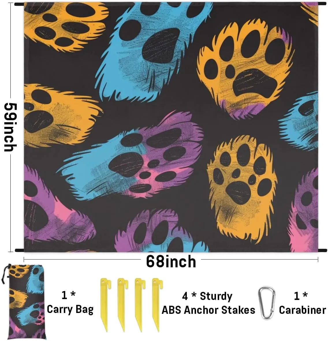 Paw Print Beach Blanket, Sandproof Beach Mat, Adults Waterproof Quick Drying Sand Free Mat with 4 x Ground Spikes for Outdoor Travel Camping Hiking, Cute Dogs Cat Pet Paw Footprint