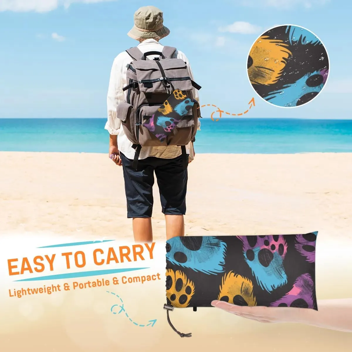 Paw Print Beach Blanket, Sandproof Beach Mat, Adults Waterproof Quick Drying Sand Free Mat with 4 x Ground Spikes for Outdoor Travel Camping Hiking, Cute Dogs Cat Pet Paw Footprint