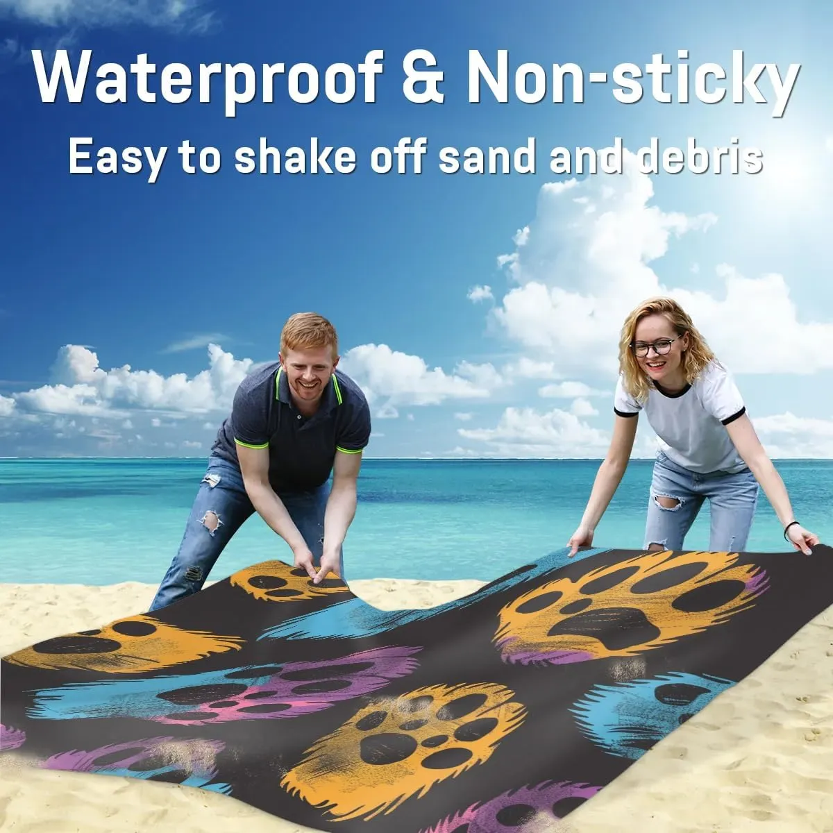 Paw Print Beach Blanket, Sandproof Beach Mat, Adults Waterproof Quick Drying Sand Free Mat with 4 x Ground Spikes for Outdoor Travel Camping Hiking, Cute Dogs Cat Pet Paw Footprint