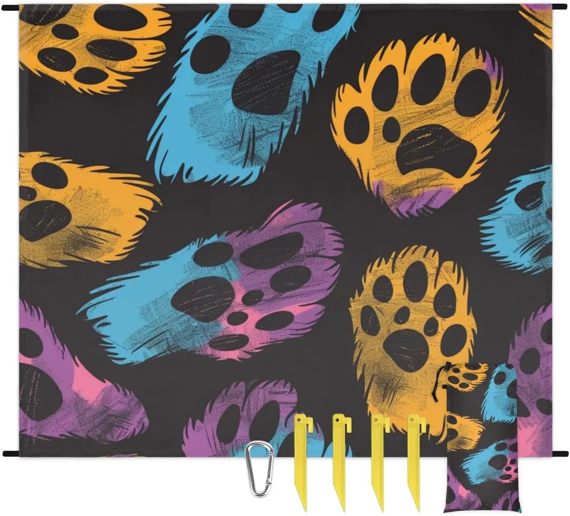 Paw Print Beach Blanket, Sandproof Beach Mat, Adults Waterproof Quick Drying Sand Free Mat with 4 x Ground Spikes for Outdoor Travel Camping Hiking, Cute Dogs Cat Pet Paw Footprint