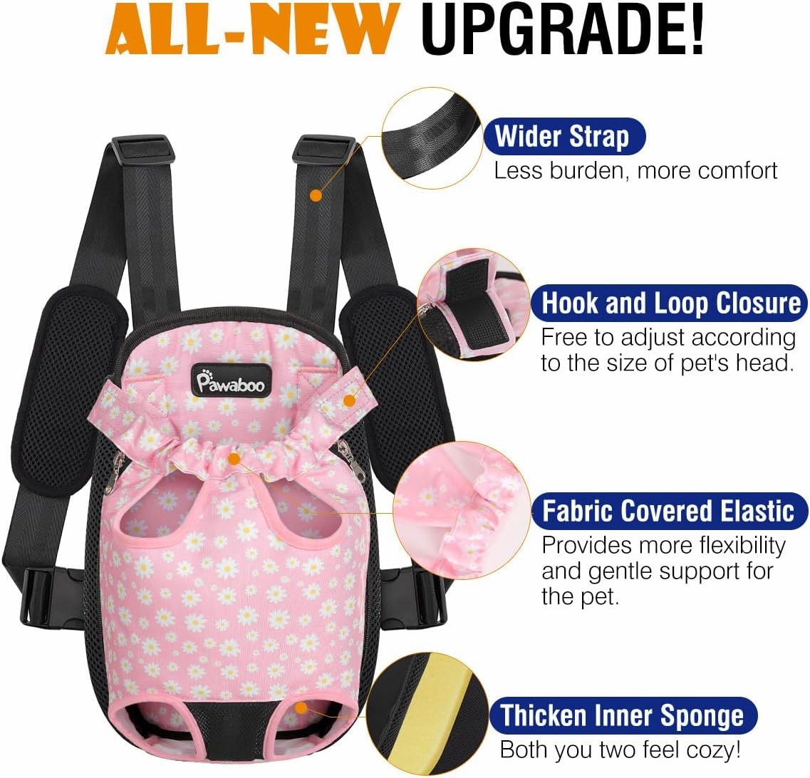 Pawaboo Pet Carrier Backpack, Adjustable Pet Front Cat Dog Carrier Backpack Travel Bag, Legs Out, Easy-Fit for Traveling Hiking Camping for Small Medium Dogs Cats Puppies, Small, Black   Pink Daisy