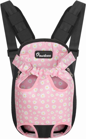 Pawaboo Pet Carrier Backpack, Adjustable Pet Front Cat Dog Carrier Backpack Travel Bag, Legs Out, Easy-Fit for Traveling Hiking Camping for Small Medium Dogs Cats Puppies, Small, Black   Pink Daisy