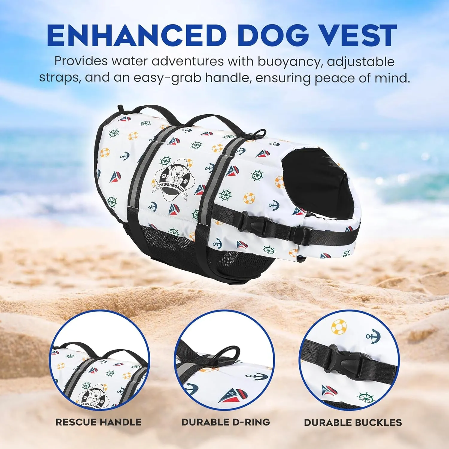 Paws Aboard Dog Life Jacket - Keep Your Canine Safe with a Neoprene Life Vest for Swimming and Boating - Available in Different Sizes, Color and Design to Choose - Nautical Dog, Large