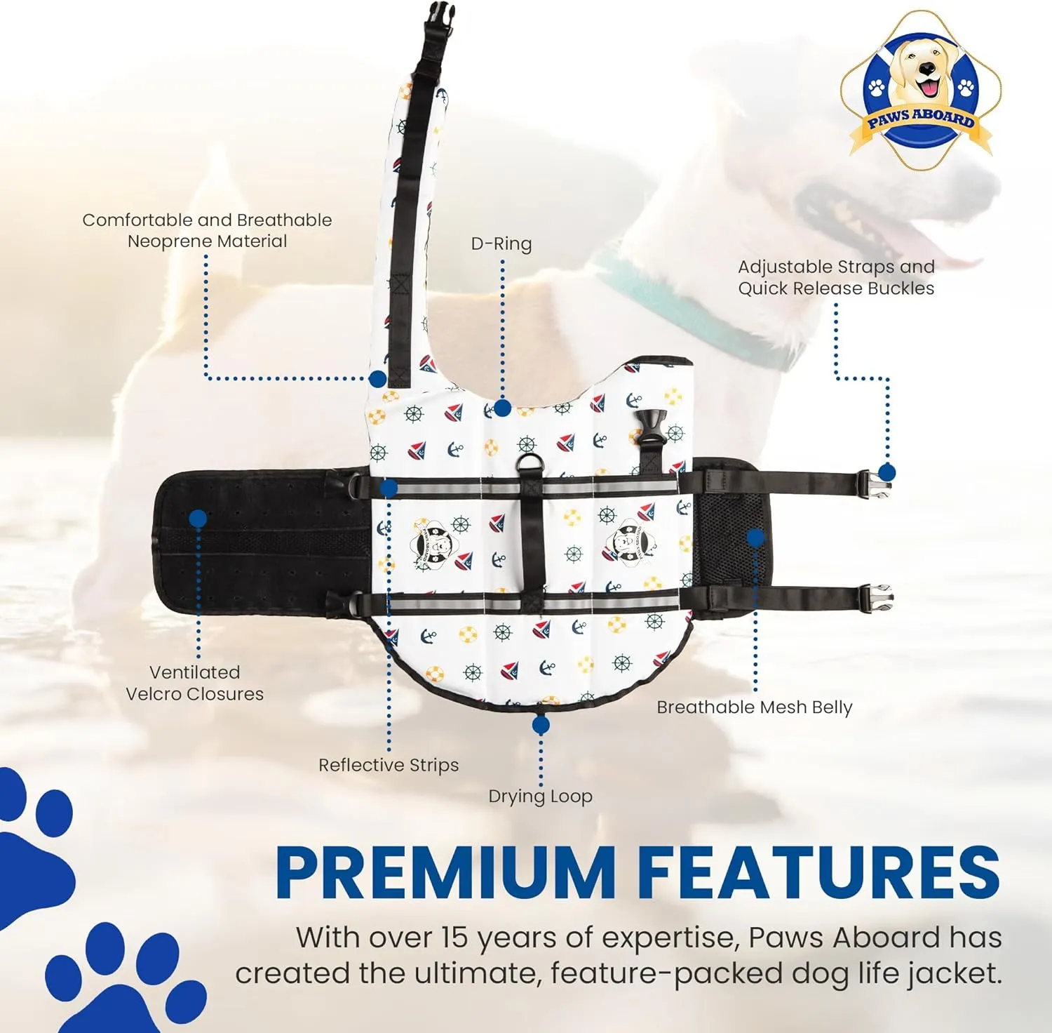 Paws Aboard Dog Life Jacket - Keep Your Canine Safe with a Neoprene Life Vest for Swimming and Boating - Available in Different Sizes, Color and Design to Choose - Nautical Dog, Large