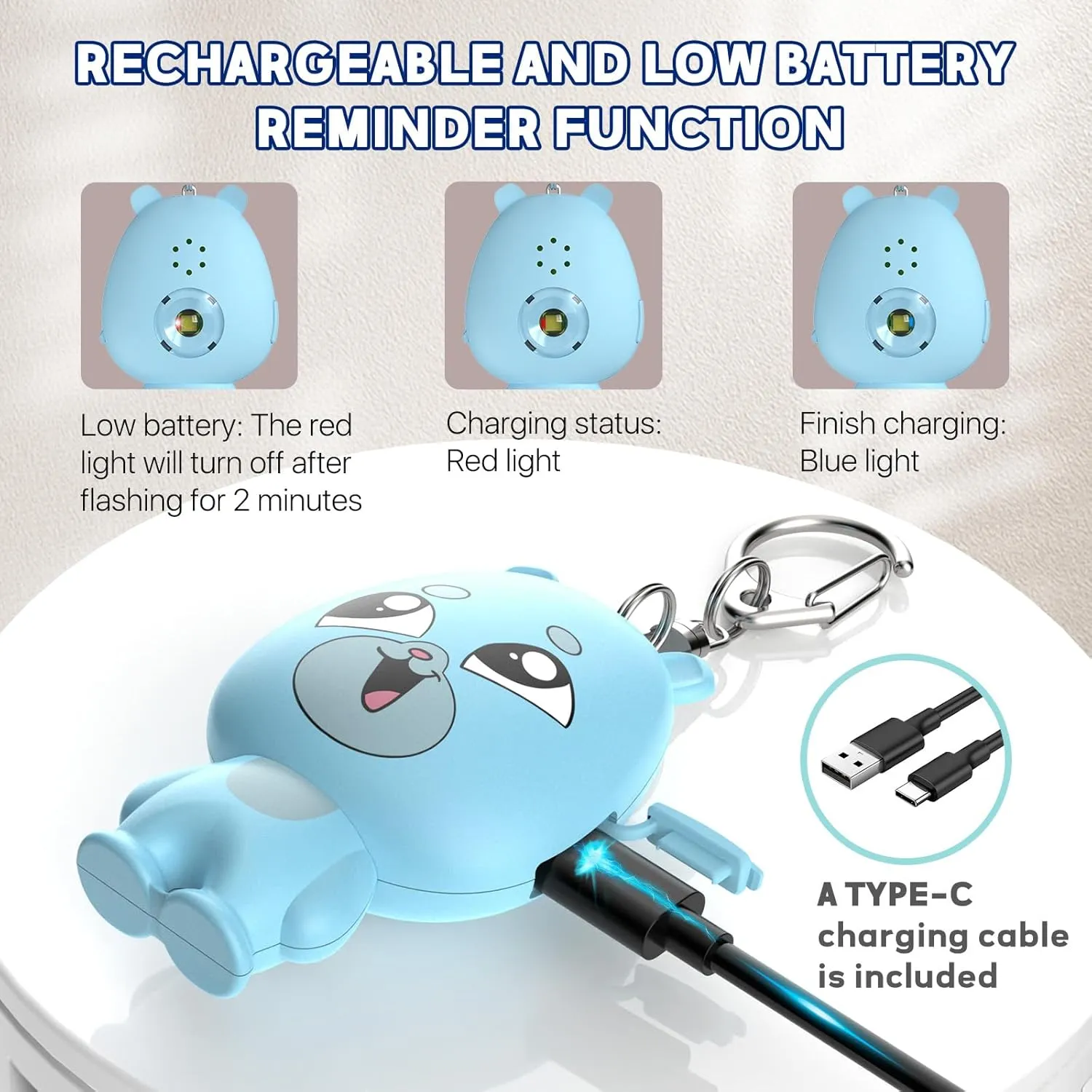 Personal Safety Alarm for Women – Rechargeable Personal Alarm for Women Kids and Elders – 130dB Loud Siren – Strobe Light – Low Battery Notice – Safety Siren Keychain