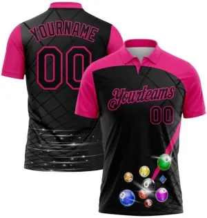 Personalized Name,Custom Jersey, Polo Sport, Black Hot Pink 3D Pattern Design Billiards Performance Polo