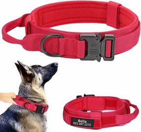 Personalized Military Tactical Dog Collar with Handle, Custom Pet Name Tags for Medium Large Dogs Walking Training (Red, XL)