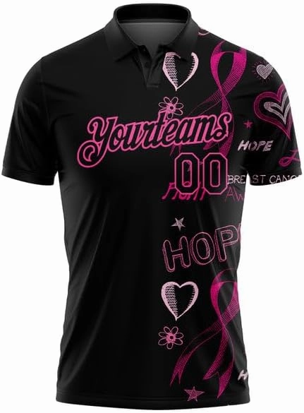 Personalized Name,Custom Jersey, Polo Sport, Black Pink 3D Pink Ribbon Breast Cancer Awareness Month