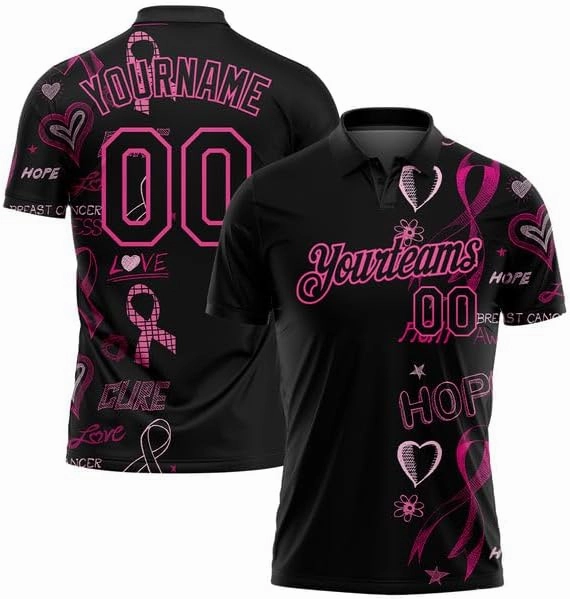 Personalized Name,Custom Jersey, Polo Sport, Black Pink 3D Pink Ribbon Breast Cancer Awareness Month