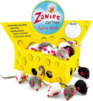 Pet Edge Zanies Cheese Wedge Display Box with 60 Furry Mice Toys for Cats – Mouse Measures 3” in Length Including Tail