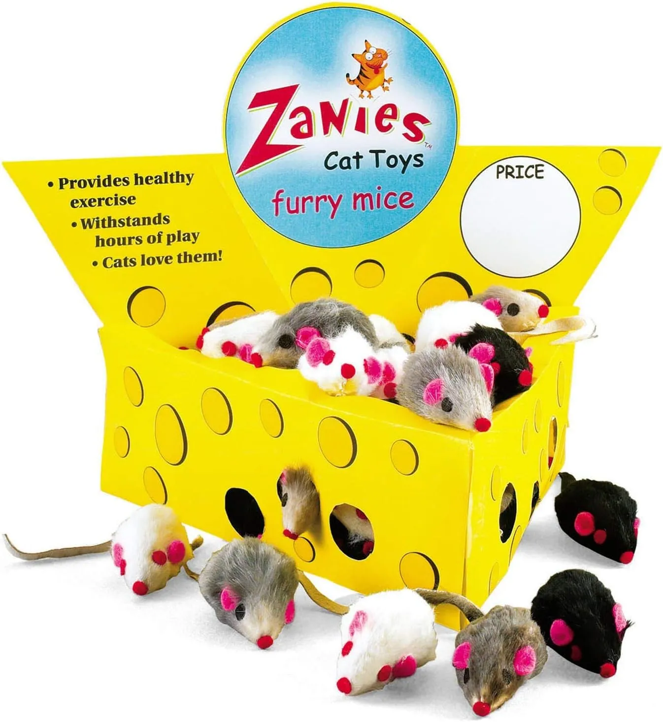 Pet Edge Zanies Cheese Wedge Display Box with 60 Furry Mice Toys for Cats – Mouse Measures 3” in Length Including Tail
