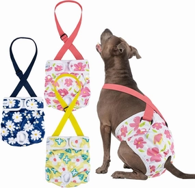 Pet Soft Washable Female Dog Diapers with Adjustable Suspenders (3 Pack) Escape-Proof & Super Absorb Reusable Diapers for Heat, Training Incontinence Breathable Secure Fit for Girl Dogs (Flowers, L)