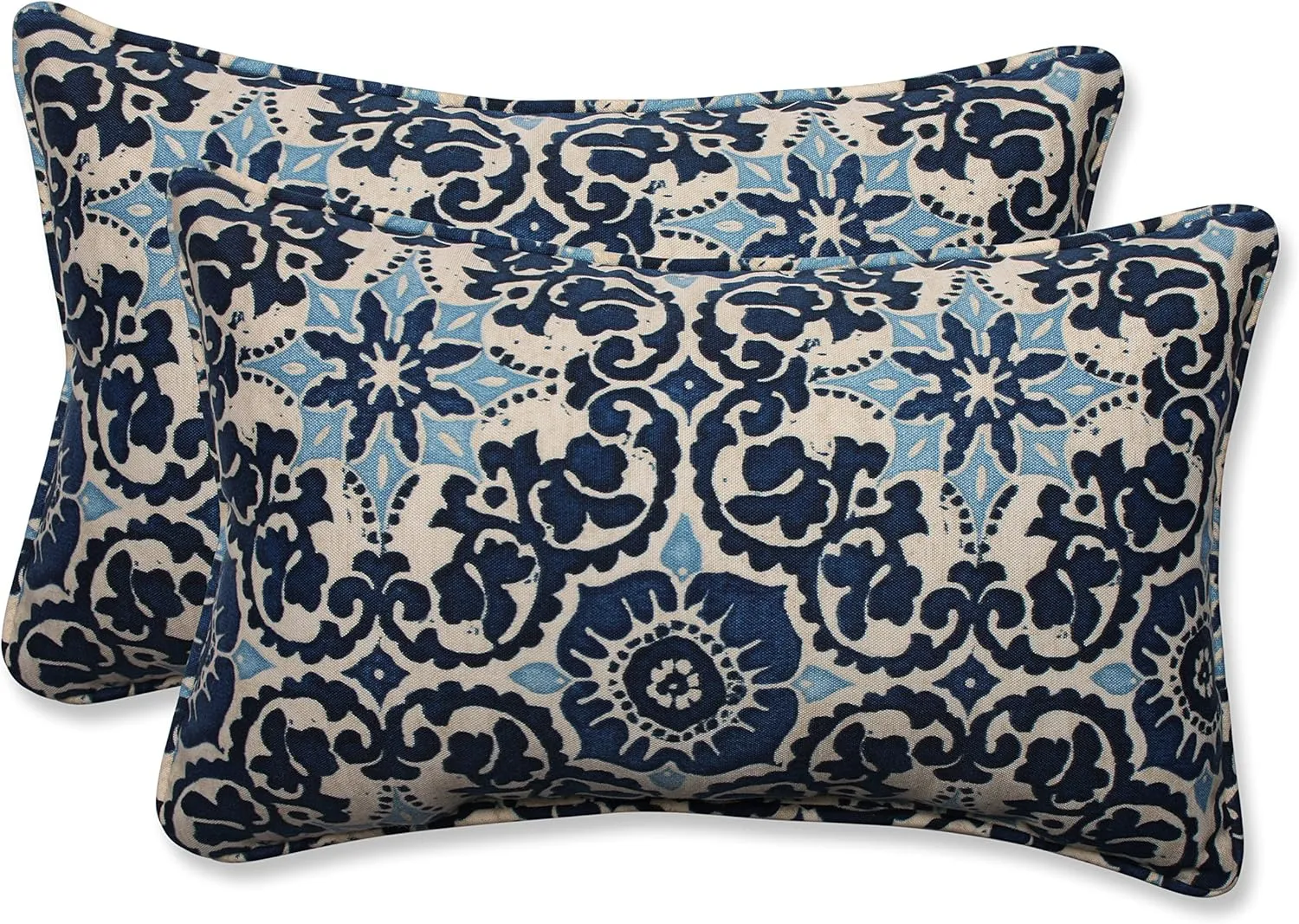 Pillow Perfect - 586670 Outdoor/Indoor Woodblock Prism Lumbar Pillows, 11.5" x 18.5", Blue, 2 Pack