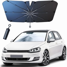 Pincuttee Windshield Sun Shade with Pull Cord, Umbrella Sunshade for Front Window, Foldable Car Windshield Sunshades, Fit for Small Car/Compact SUV (Pull Cord 140x74cm)