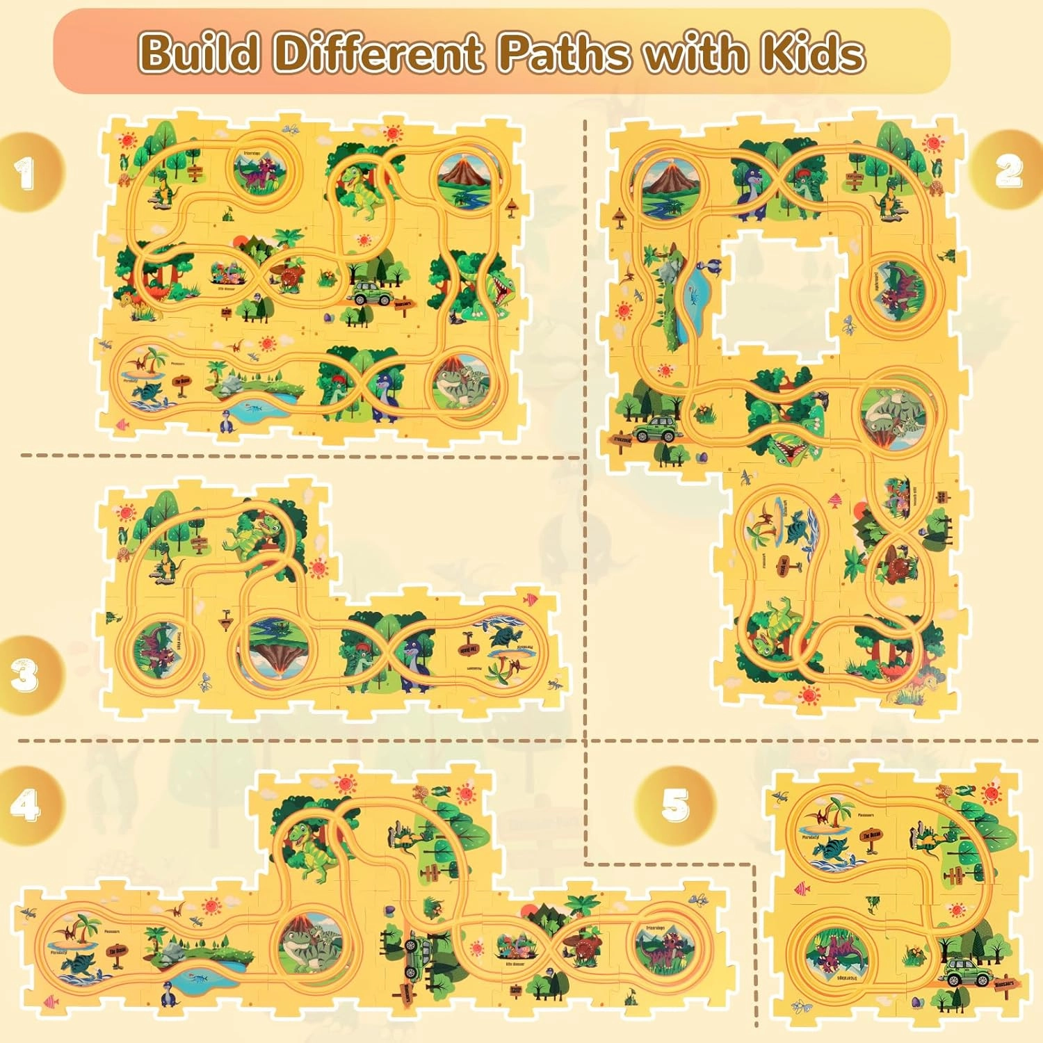 Plastic Dinosaur Puzzles for Kids with A Cute Car, Montessori Toys for 2 3 4 5 6 Year Old Boys, Race Tracks for Kids 3-5, Toddler Puzzle Track Play Set, Gifts for 2 3 4 5 6 Year Old Boys Toys