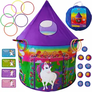 Playz Unicorn Toys Kids Play Tent for Girls with Unicorn Ring Toss, Candy Board Game, & Tic Tac Toe - Indoor & Outdoor Pop up Playhouse Set for Kids Birthday Party Favors & Gifts for Baby and Toddlers