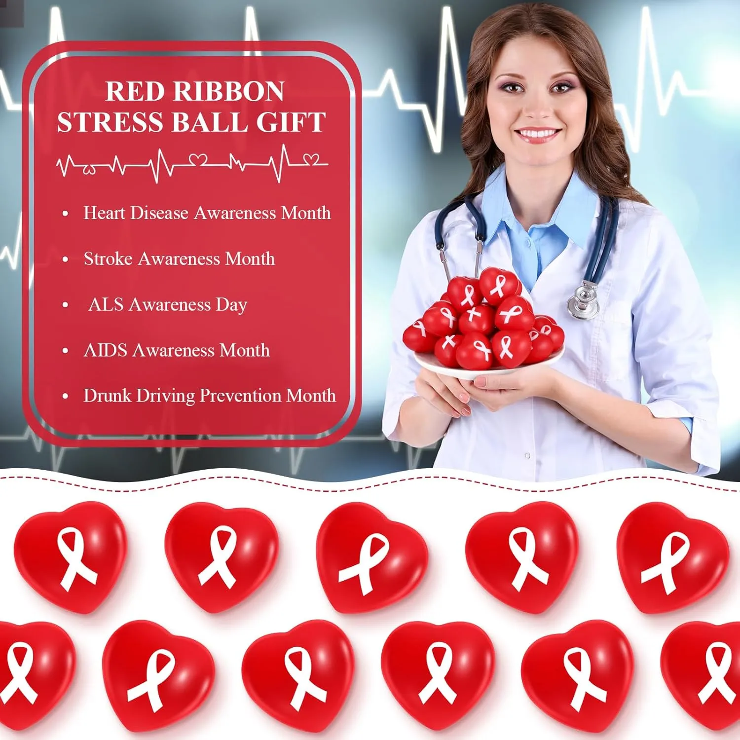 Poen 50 Pcs World Blood Donor Day Stress Ball Bulk Red Ribbon Awareness HIV Testing Month Items for World AIDS Day Heart Disease Awareness for Public Charity Activities Supplies Relief Stress