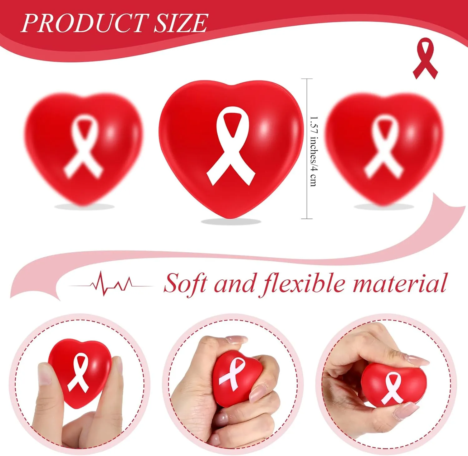 Poen 50 Pcs World Blood Donor Day Stress Ball Bulk Red Ribbon Awareness HIV Testing Month Items for World AIDS Day Heart Disease Awareness for Public Charity Activities Supplies Relief Stress