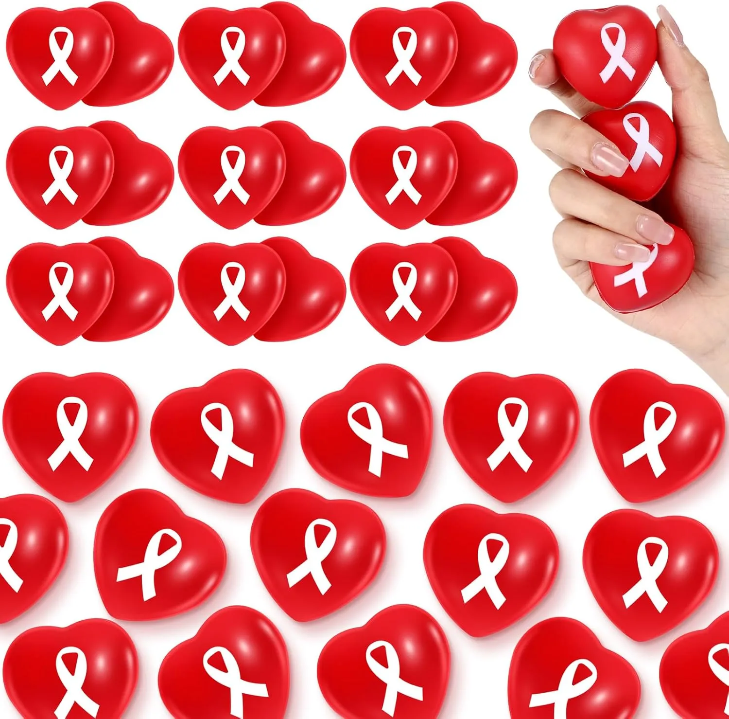 Poen 50 Pcs World Blood Donor Day Stress Ball Bulk Red Ribbon Awareness HIV Testing Month Items for World AIDS Day Heart Disease Awareness for Public Charity Activities Supplies Relief Stress