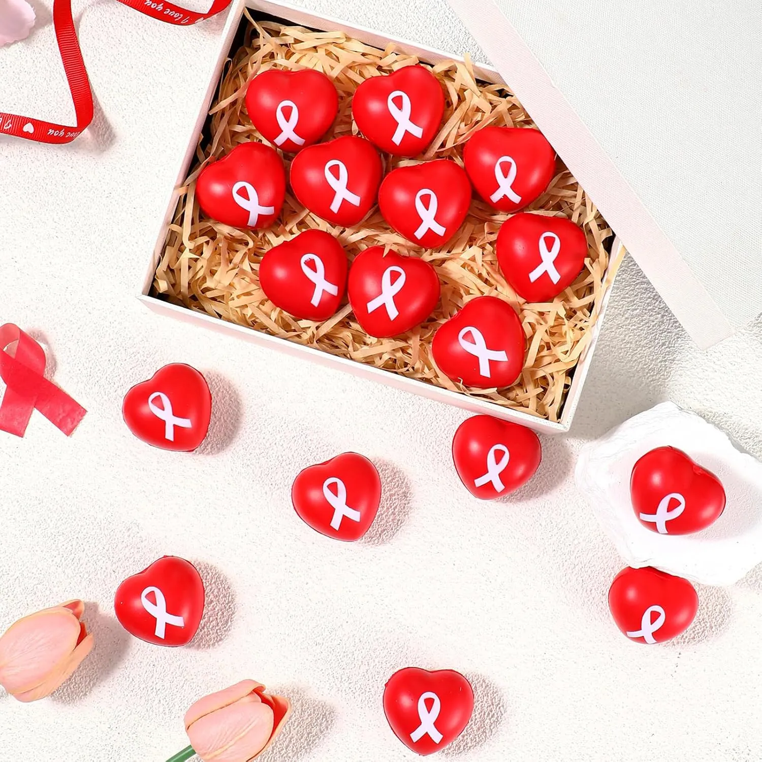 Poen 50 Pcs World Blood Donor Day Stress Ball Bulk Red Ribbon Awareness HIV Testing Month Items for World AIDS Day Heart Disease Awareness for Public Charity Activities Supplies Relief Stress