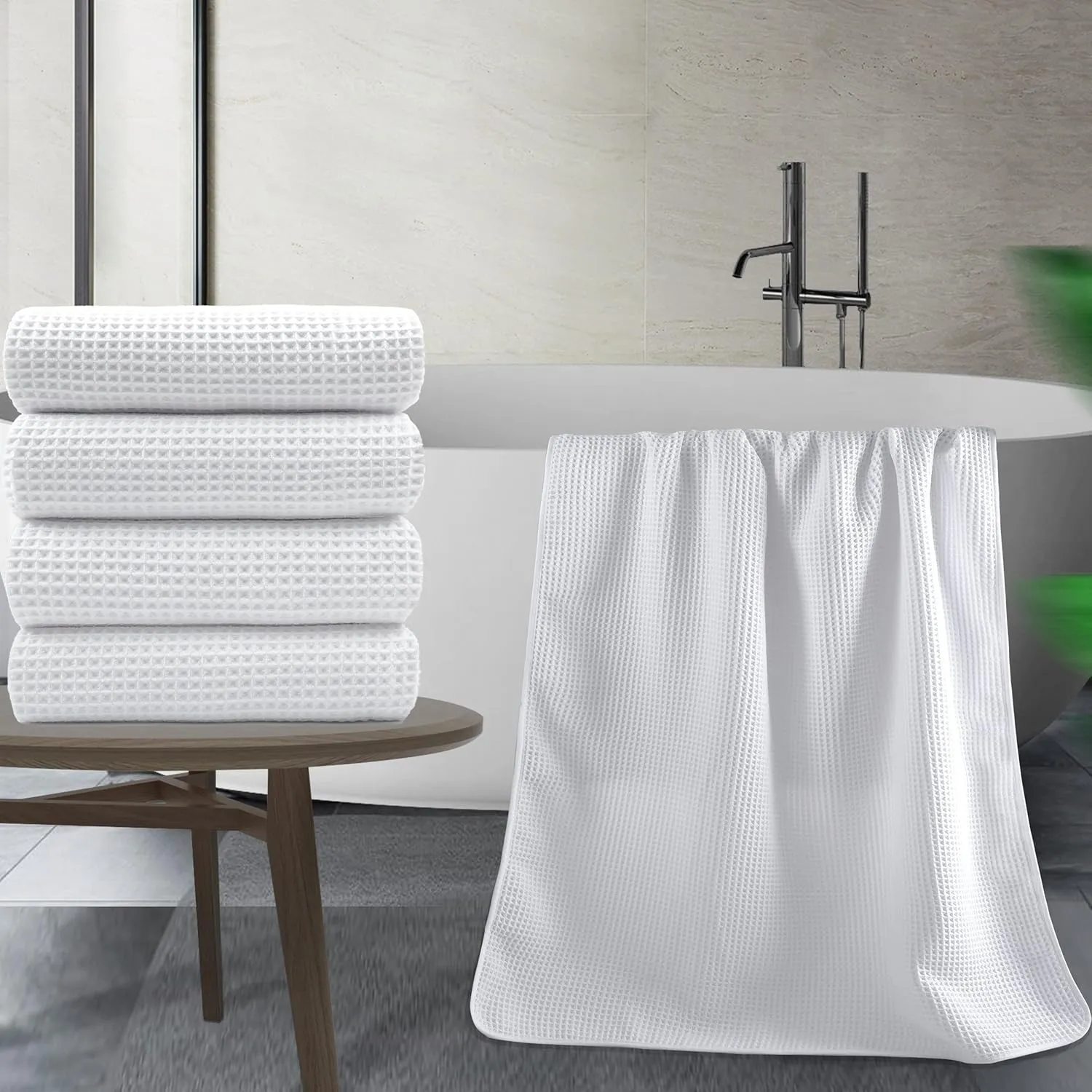 POLYTE Microfiber Oversize Quick Dry Lint Free Bath Towel, 60 x 30 in, 4 Pack (White, Waffle Weave)
