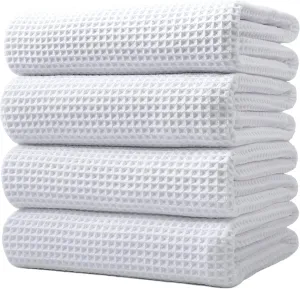 POLYTE Microfiber Oversize Quick Dry Lint Free Bath Towel, 60 x 30 in, 4 Pack (White, Waffle Weave)