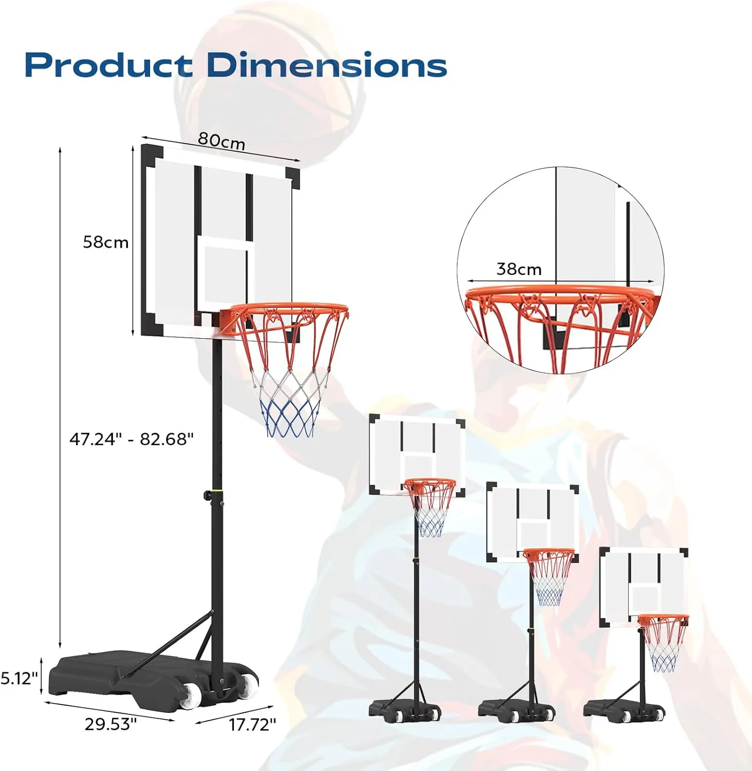 Pool Basketball Hoop, Height Adjustable 3.9" to 6.9", Black Steel Frame, Water Base, Includes Air Pump, 8-Inch Rubber Ball, Indoor & Outdoor Use