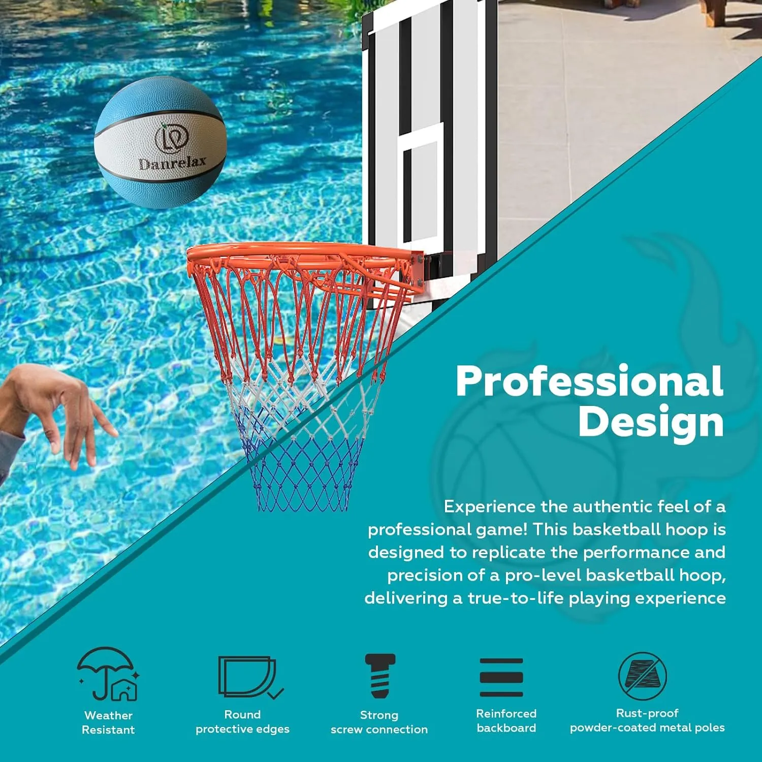 Pool Basketball Hoop, Height Adjustable 3.9" to 6.9", Black Steel Frame, Water Base, Includes Air Pump, 8-Inch Rubber Ball, Indoor & Outdoor Use