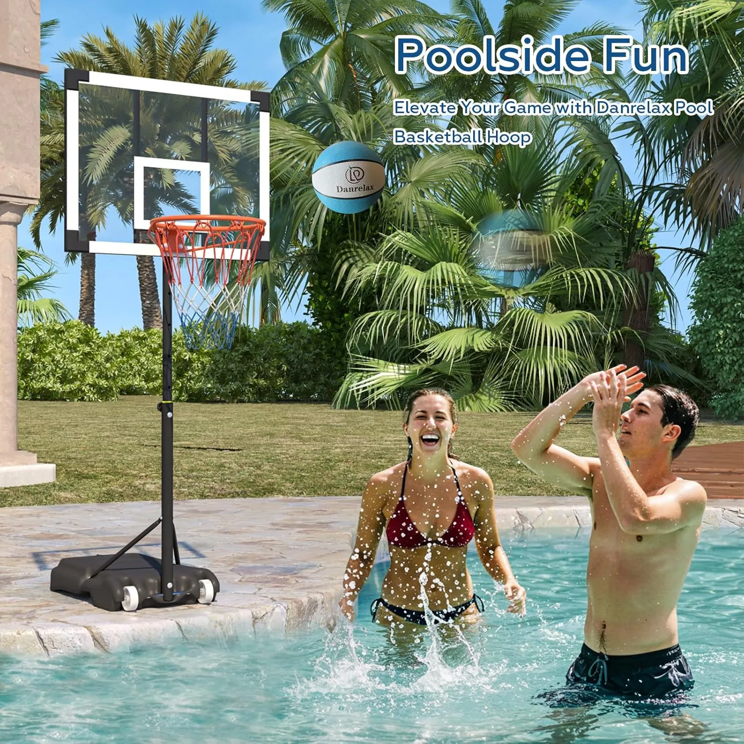 Pool Basketball Hoop, Height Adjustable 3.9" to 6.9", Black Steel Frame, Water Base, Includes Air Pump, 8-Inch Rubber Ball, Indoor & Outdoor Use