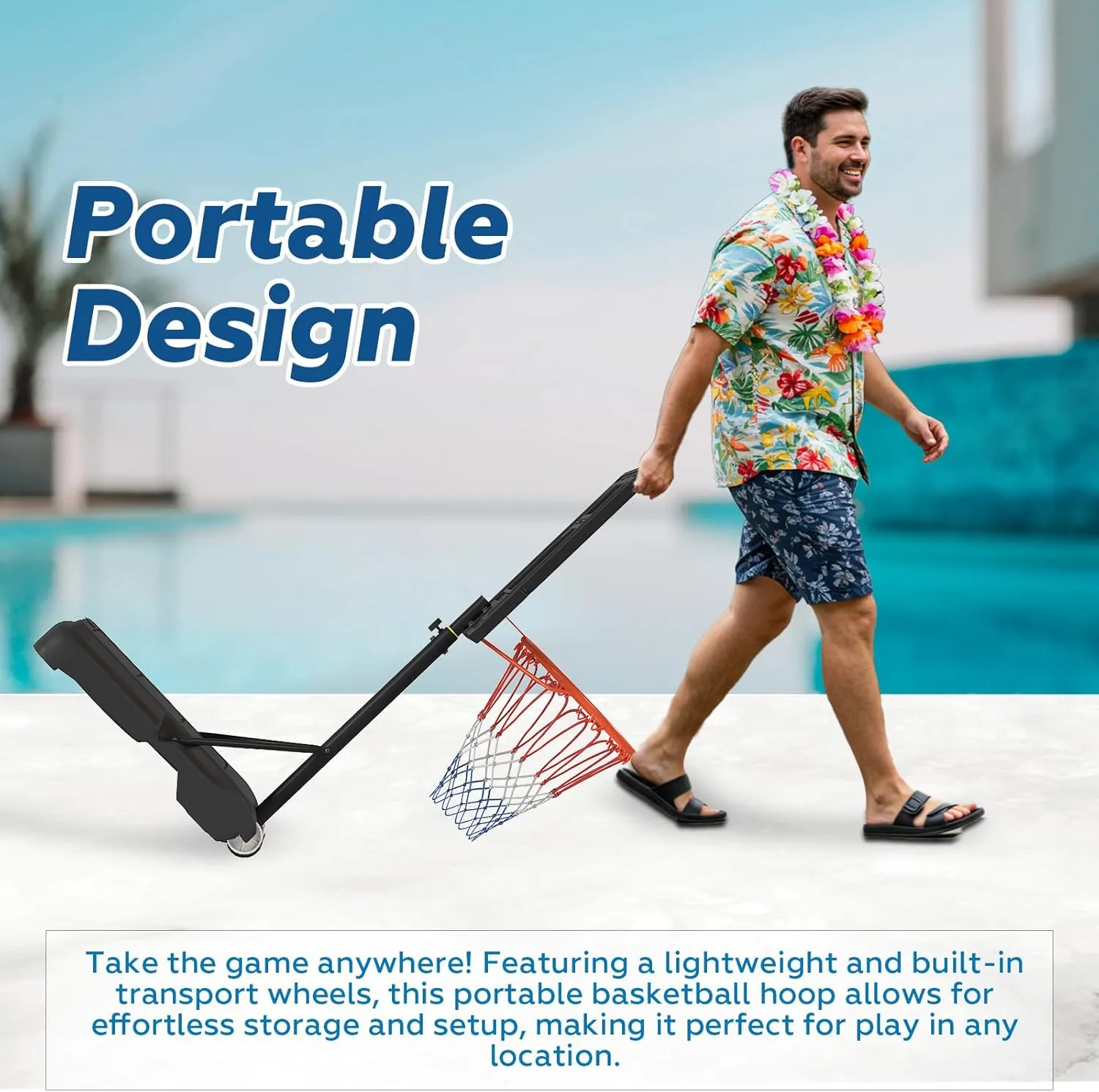 Pool Basketball Hoop, Height Adjustable 3.9" to 6.9", Black Steel Frame, Water Base, Includes Air Pump, 8-Inch Rubber Ball, Indoor & Outdoor Use