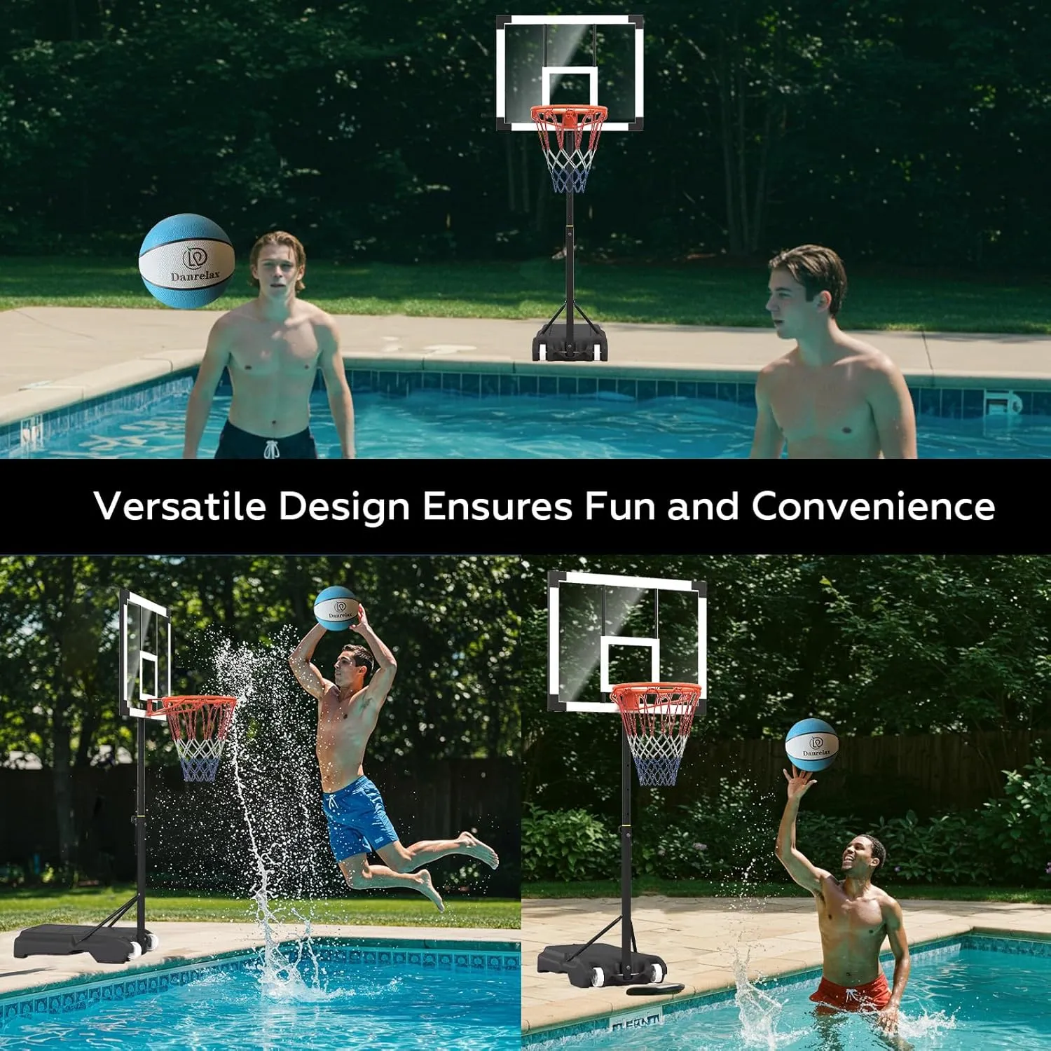 Pool Basketball Hoop, Height Adjustable 3.9" to 6.9", Black Steel Frame, Water Base, Includes Air Pump, 8-Inch Rubber Ball, Indoor & Outdoor Use