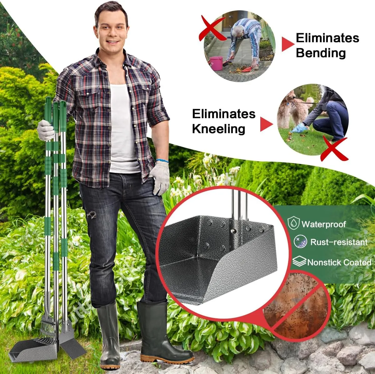 Pooper Scooper, Long Handle Dog Pooper Scooper, Heavy Duty Stainless Steel Rake with Tray & Spade Set for Pet Waste Removal, for Grass, Dirt or Gravel - Green