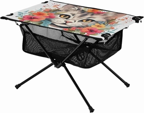 Portable Camping Table Cat in Red Flowers Outdoor Foldable Camp Tables for Outside, Camping, Hiking, Tailgating